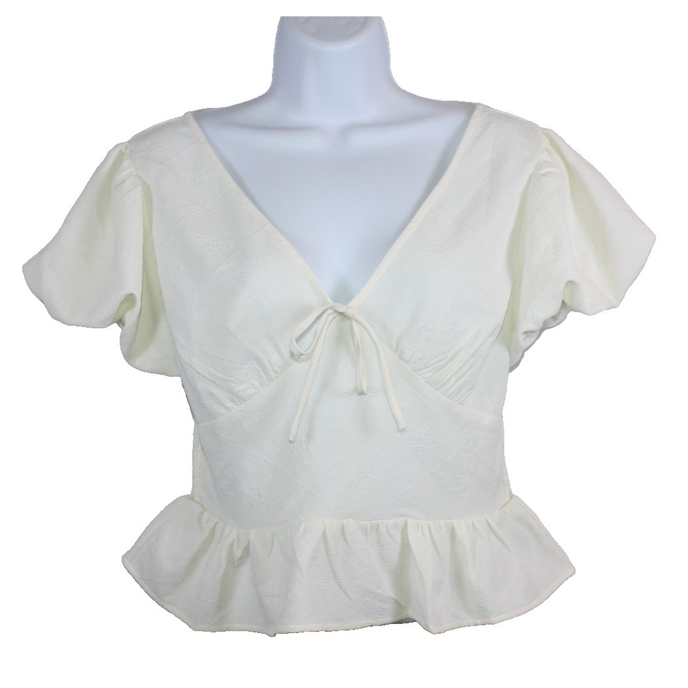 One Clothing LA Blouse Medium Ivory Peplum V-neck Puff Sleeve Y2K Romantic Top